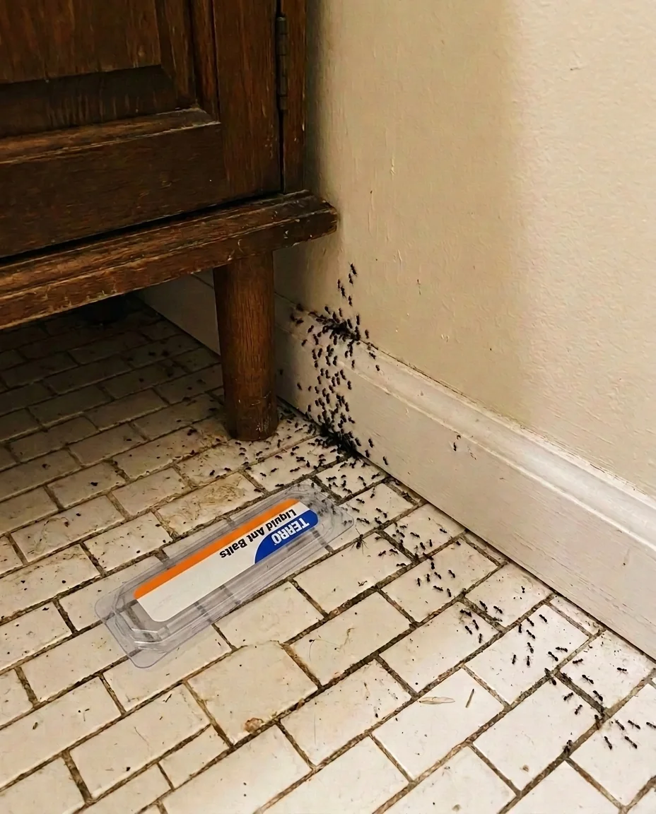 TERRO bait stations placed in test corner against subway tile
