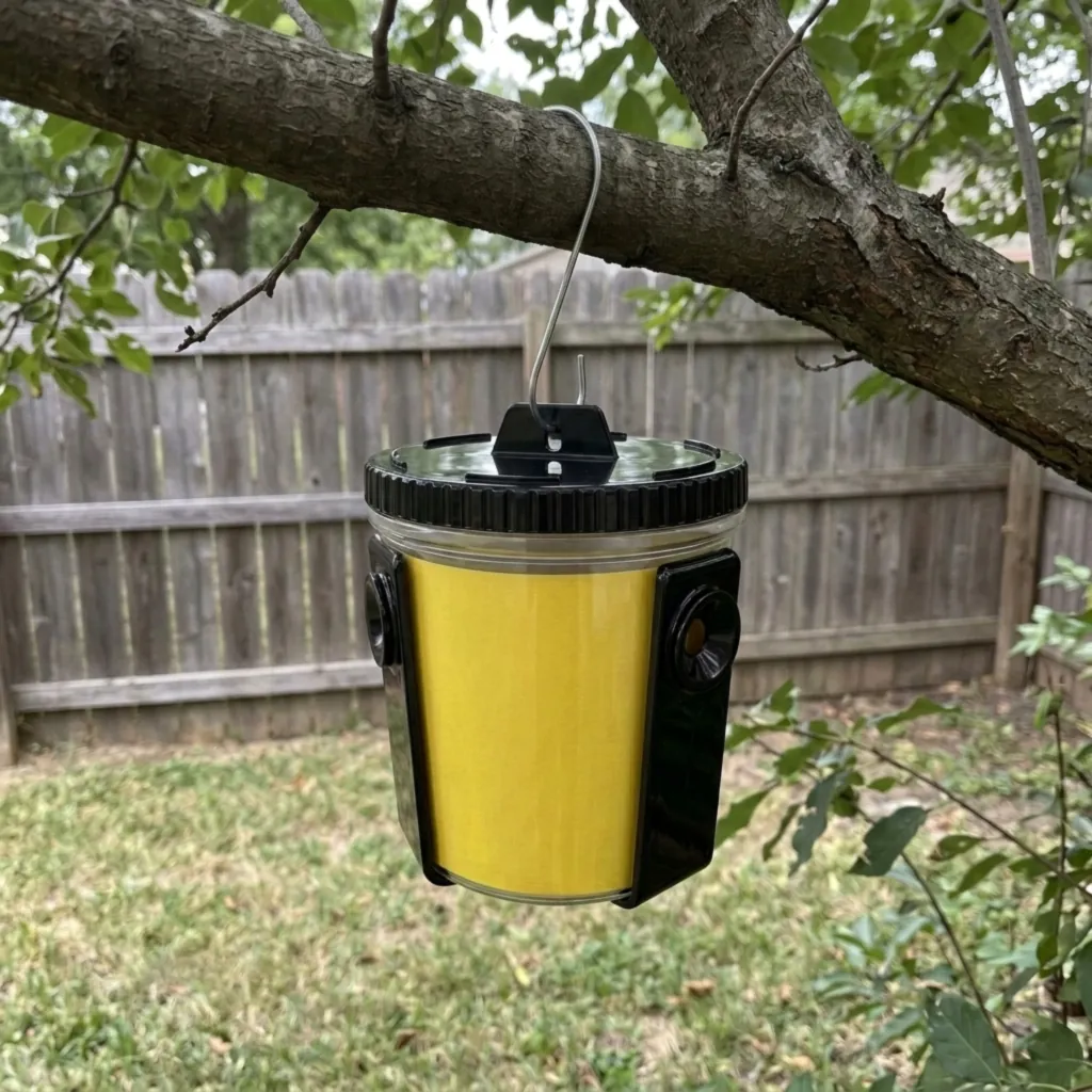 HelloPest Mosquito Trap hung on a backyard patio