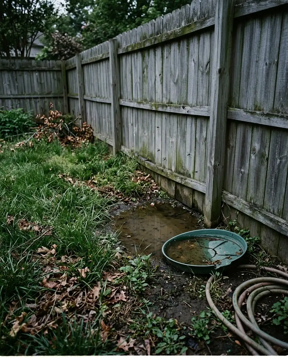 Shaded fence-line test zone near standing water