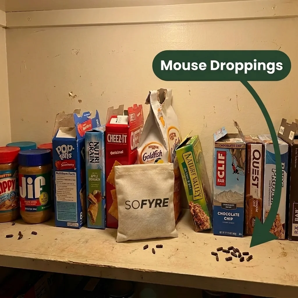 Sofyre pouch placed next to mouse droppings on a wooden trim against fiberglass insulation