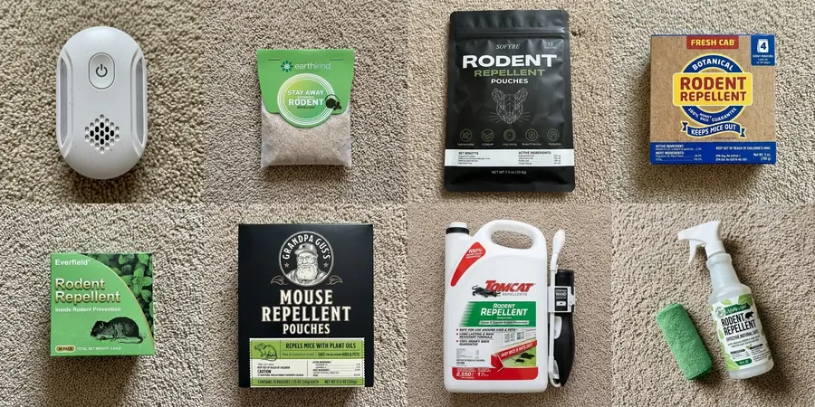 Eight mouse repellents laid out side by side on carpet for testing