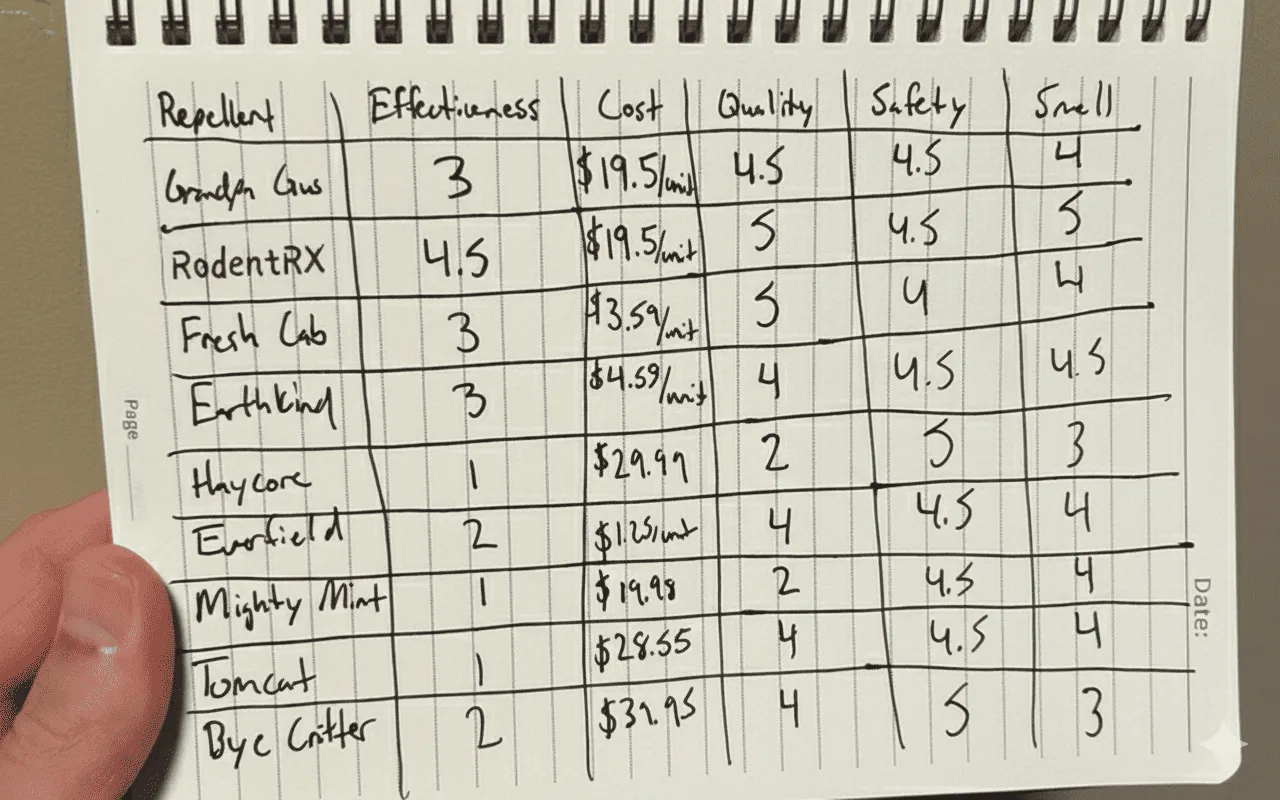 Final scorecard across the mouse repellents tested