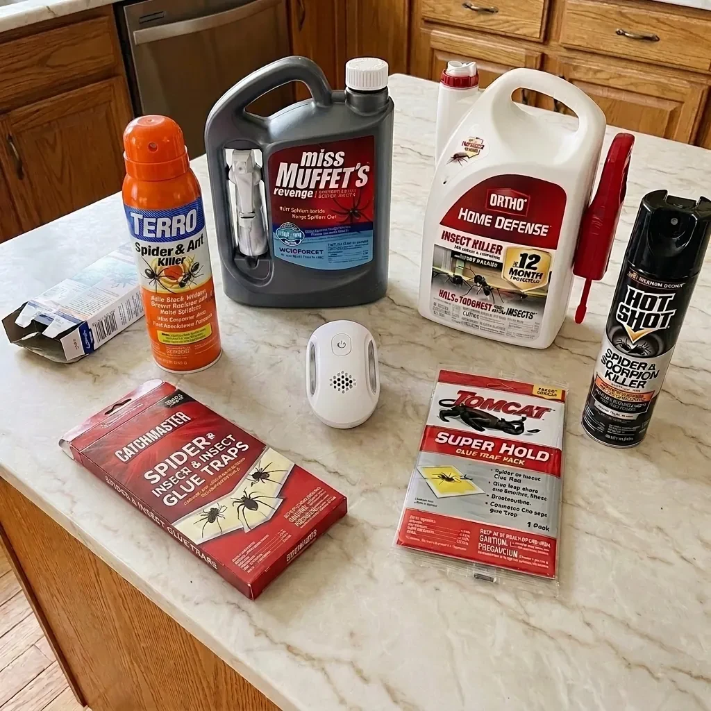 All the spider repellent products laid out on the kitchen counter for testing