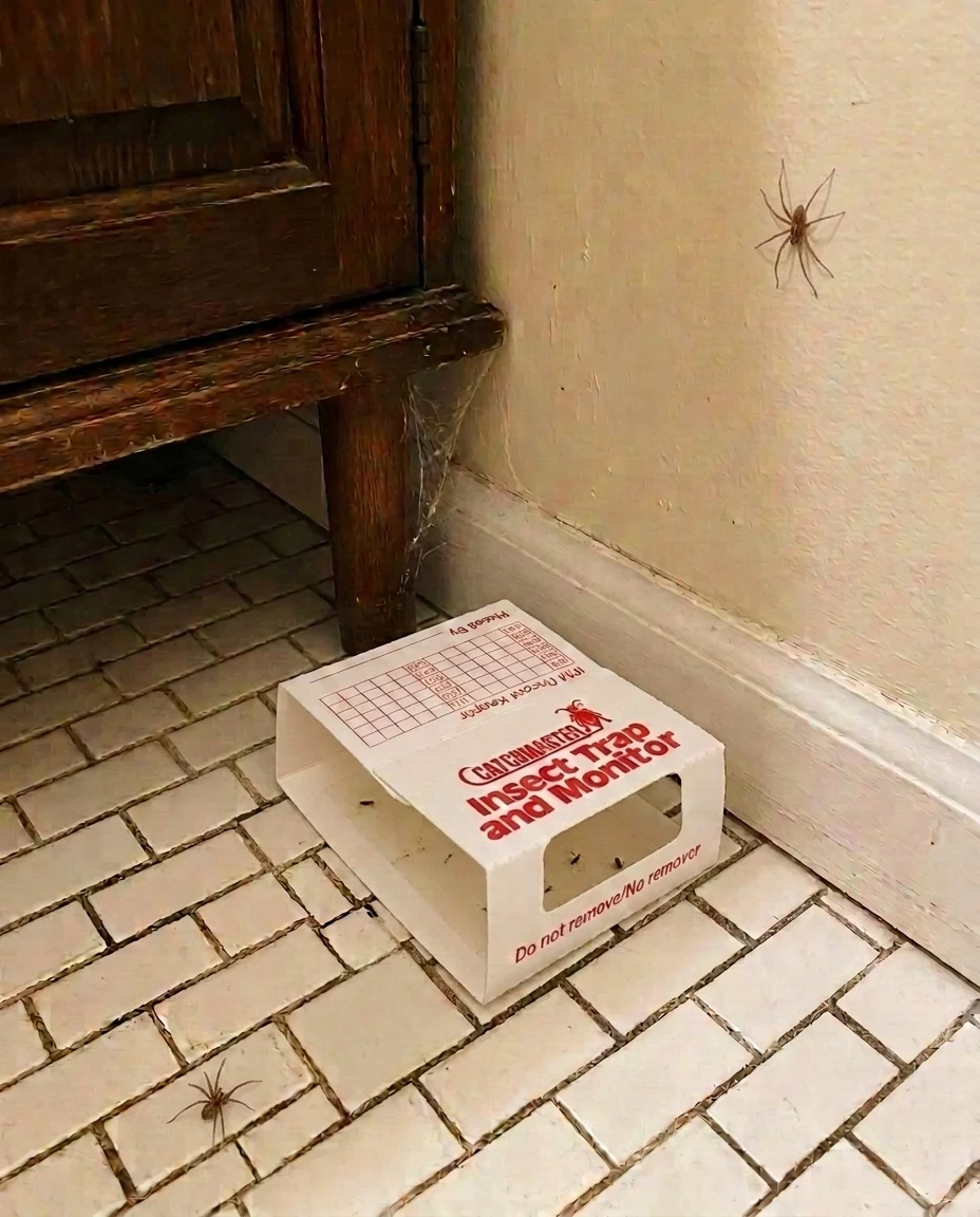 Catchmaster Spider glue trap placed in a subway-tile bathroom corner